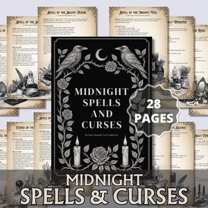 Puede incluir: Una colección de páginas de estilo vintage con hechizos y maldiciones. La portada central del libro, titulada "Midnight Spells and Curses", presenta ilustraciones de cuervos, rosas y velas. El texto dice "28 páginas."