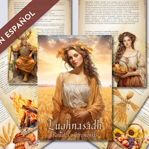 Könnte beinhalten: Eine Sammlung illustrierter Karten mit Text in Spanisch über das Lughnasadh-Fest, eine Feier der Ernte. Die Karten zeigen Bilder einer Frau mit einem Korb Äpfel, einem Lagerfeuer, einem Weizenfeld und einem Mann mit einer Krone.
