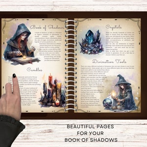 May include: A book with pages featuring illustrations of a witch, candles, crystals, and divination tools. The book has the title "Book of Shadows" and includes text about the different tools and their uses in witchcraft.