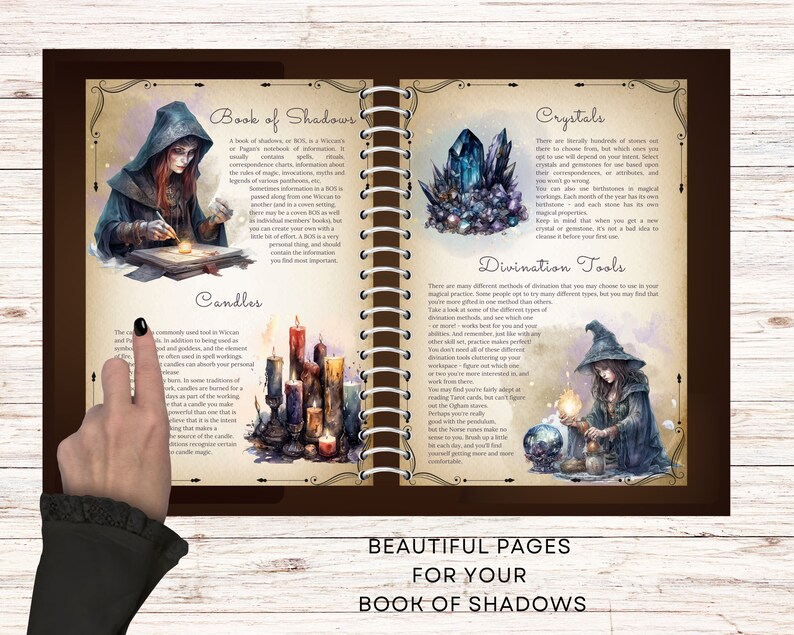 May include: A book with pages featuring illustrations of a witch, candles, crystals, and divination tools. The book has the title "Book of Shadows" and includes text about the different tools and their uses in witchcraft.