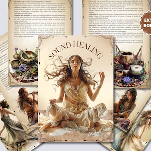 Puede incluir: Un collage de imágenes que representan las prácticas de sanación por sonido. La imagen central muestra a una mujer con el pelo largo y suelto, vestida con un vestido blanco, meditando con auriculares. Las otras imágenes muestran varios instrumentos utilizados en la sanación por sonido, incluyendo cuencos cantores, tambores y flautas. El texto "SOUND HEALING" se muestra de forma prominente en el centro del collage.