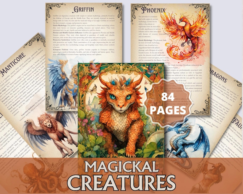 Dragon Invocation Mythical Bestiary Grimoire Pages – Dragons, Griffins, Phoenix, Kraken ...