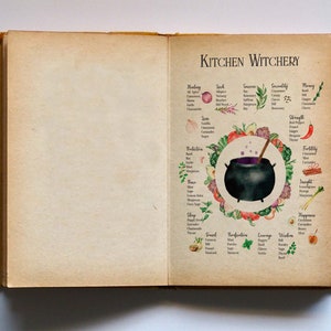 Puede incluir: Un libro abierto con el título "Kitchen Witchery" en la página derecha. La página presenta una ilustración dibujada a mano de un caldero con una cuchara de madera que remueve un líquido morado. Alrededor del caldero hay varias hierbas y especias etiquetadas con sus propiedades mágicas correspondientes, como "Curación", "Amor", "Protección", "Fuerza", "Fertilidad", "Perspicacia", "Felicidad", "Sabiduría", "Viaje", "Purificación", "Valor" y "Paz".
