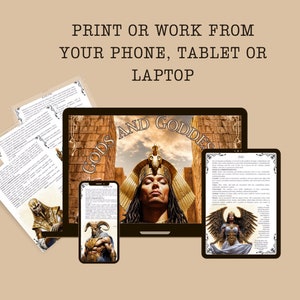 May include: A digital illustration of a collection of gods and goddesses. The image shows a laptop, tablet, and phone displaying different gods and goddesses. The text "Gods and Goddesses" is displayed on the laptop screen.