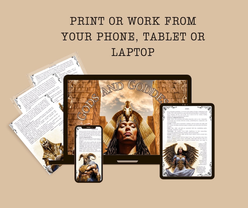 May include: A digital illustration of a collection of gods and goddesses. The image shows a laptop, tablet, and phone displaying different gods and goddesses. The text "Gods and Goddesses" is displayed on the laptop screen.