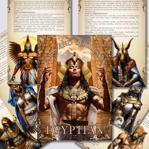 May include: A collage of illustrations depicting Egyptian gods and goddesses. The images are set against a background of gold and brown, with text describing the deities' powers and attributes. The text includes the words "Gods and Goddesses" and "Egyptian".