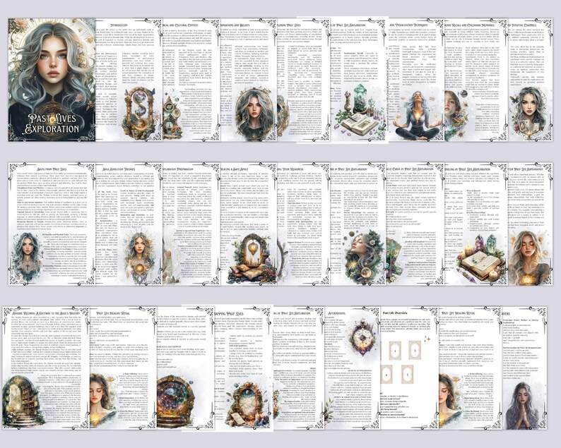 May include: A brochure titled "Past Lives Exploration" featuring watercolor illustrations of women, crystals, and mystical objects. The brochure has a white background with decorative borders and text in a serif font. The cover art features a woman with long, wavy gray hair.
