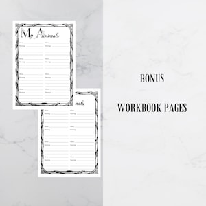 May include: Two black and white workbook pages with the title "My Animals" and space to write names and meanings. The pages have decorative borders. The text "BONUS WORKBOOK PAGES" is also visible.
