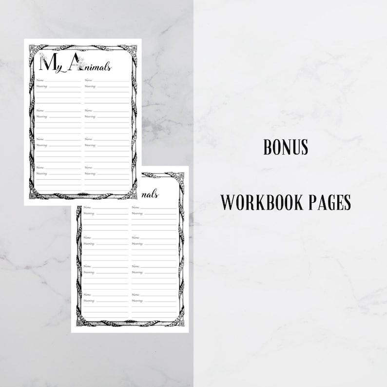 May include: Two black and white workbook pages with the title "My Animals" and space to write names and meanings. The pages have decorative borders. The text "BONUS WORKBOOK PAGES" is also visible.