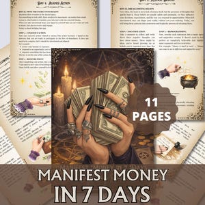 Op de afbeelding: Een spirituele gids getiteld "Manifesteer geld in 7 dagen" met 11 pagina's. De omslag toont handen versierd met ringen die stapels geld vasthouden, met kaarsen en tekst. De pagina's hebben tekst en illustraties.