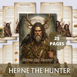 Puede incluir: Un conjunto de 25 páginas con ilustraciones y texto. La imagen central representa a Herne el Cazador, una figura con cuernos y un cuervo. Las páginas tienen bordes decorativos e incluyen texto como "Introduction" y "How to".