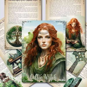 May include: A digital illustration of a Celtic witch with long red hair, wearing a green dress and holding a book. The image is surrounded by text about Celtic spirituality and witchcraft.