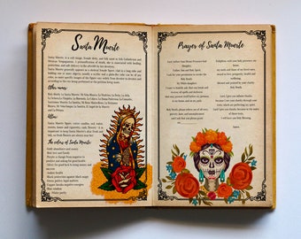 May include: An open book with a yellow cover and a vintage design. The left page features an illustration of Santa Muerte, a skeletal figure with a crown and a red rose. The right page features a prayer to Santa Muerte, with an illustration of a skull with flowers.