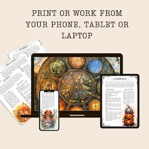 May include: Printable digital download of a wheel of the year with illustrations of each sabbat. The wheel of the year is a circular design with eight sections, each representing a different sabbat. The sabbats are: Litha, Mabon, Samhain, Yule, Imbolc, Ostara, Beltane, and Midsummer. The wheel of the year is surrounded by a decorative border. The image also includes a laptop, tablet, and phone, all displaying the wheel of the year.