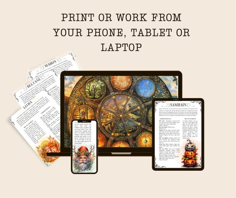 May include: Printable digital download of a wheel of the year with illustrations of each sabbat. The wheel of the year is a circular design with eight sections, each representing a different sabbat. The sabbats are: Litha, Mabon, Samhain, Yule, Imbolc, Ostara, Beltane, and Midsummer. The wheel of the year is surrounded by a decorative border. The image also includes a laptop, tablet, and phone, all displaying the wheel of the year.