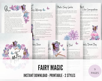 May include: Printable guide to fairy magic with illustrations of fairies and butterflies. The guide includes sections on fairy origins, offerings, house, dust, color correspondence, dream bag, and planting a fairy garden. The text includes the words "Fairy Magick" and "Instant Download - Printable - 2 Styles".