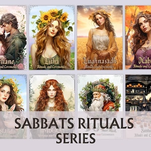 Könnte beinhalten: Eine Sammlung von acht Kunstdrucken mit Illustrationen von Personen, die verschiedene Sabbat-Rituale darstellen. Die Drucke tragen Titel wie "Beltane" und "Litha" und gehören zur "Sabbats Rituals Series".
