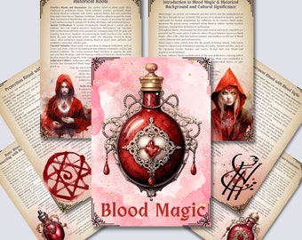 May include: A vintage-style illustration of a red glass bottle with a gold stopper and ornate detailing. The bottle is filled with a red liquid and is surrounded by a pink background with gold glitter. The text "Blood Magic" is written in gold lettering at the bottom of the image.