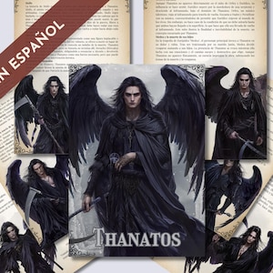 Könnte beinhalten: Eine düstere Fantasy-Illustration von Thanatos, der griechischen Personifikation des Todes, dargestellt als geflügelte Gestalt mit einer Sense. Das Bild ist von Text in Spanisch umgeben.