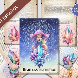 May include: A watercolor illustration of a crystal grid with a woman meditating in the center. The grid is surrounded by crystals and flowers. The text "REJILLAS DE CRISTAL" is written in the bottom center of the image.