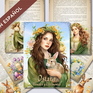 Könnte beinhalten: Eine digitale Illustration einer Frau mit langen braunen Haaren, die einen Kranz aus Blumen trägt. Sie hält ein weißes Kaninchen in ihren Armen. Der Hintergrund ist ein hellblauer Himmel mit weißen Wolken. Der Text "Ostara Rituales y Ceremonias" ist in einer dekorativen Schrift unter der Frau geschrieben.