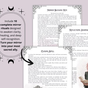 May include: A collection of mirror ritual guides, designed to awaken clarity and healing. The text includes phrases like "Mirror Blessing Rite" and "Reflections Journal Ritual". The design features decorative floral elements and a woman with pink hair reading a book.