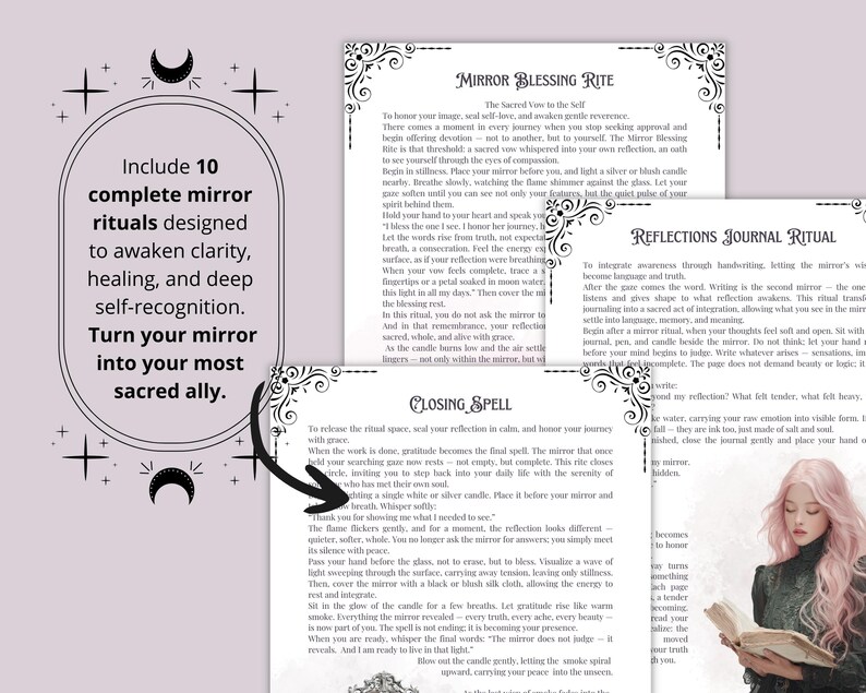 May include: A collection of mirror ritual guides, designed to awaken clarity and healing. The text includes phrases like "Mirror Blessing Rite" and "Reflections Journal Ritual". The design features decorative floral elements and a woman with pink hair reading a book.
