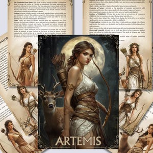 May include: A digital illustration of Artemis, the Greek goddess of the hunt, wilderness, wild animals, childbirth, and the moon. She is depicted with a bow and arrow, a deer, and a crescent moon in the background. The text "ARTEMIS" is written in large letters at the bottom of the image.