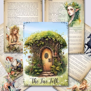 May include: A collection of illustrations depicting various mythical creatures, including fairies, elves, gnomes, and a black horse. The illustrations are surrounded by text about the history and folklore of these creatures. The text includes the title "The Fae Folk".