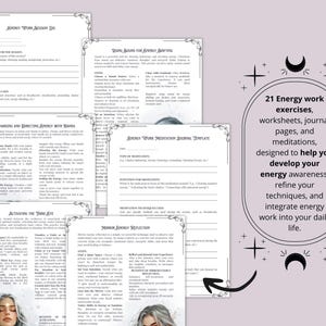 Puede incluir: Un conjunto de 21 hojas de trabajo imprimibles, p&aacute;ginas de diario y meditaciones dise&ntilde;adas para ayudarte a desarrollar tu conciencia energ&eacute;tica, refinar tus t&eacute;cnicas e integrar el trabajo energ&eacute;tico en tu vida diaria. El texto "21 Energy work exercises, worksheets, journal pages, and meditations, designed to help you develop your energy awareness, refine your techniques, and integrate energy work into your daily life." aparece en la p&aacute;gina.
