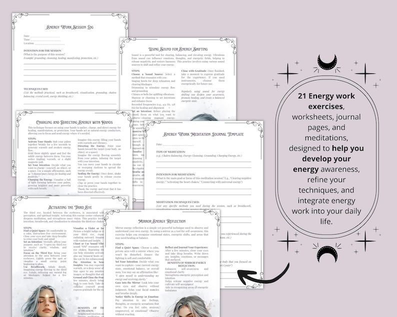 Puede incluir: Un conjunto de 21 hojas de trabajo imprimibles, p&aacute;ginas de diario y meditaciones dise&ntilde;adas para ayudarte a desarrollar tu conciencia energ&eacute;tica, refinar tus t&eacute;cnicas e integrar el trabajo energ&eacute;tico en tu vida diaria. El texto "21 Energy work exercises, worksheets, journal pages, and meditations, designed to help you develop your energy awareness, refine your techniques, and integrate energy work into your daily life." aparece en la p&aacute;gina.