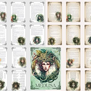 May include: A printable set of digital files featuring a watercolor illustration of Medusa, the Greek Gorgon, with snakes in her hair. The set includes information about Medusa, including her mythology, invocations, chants, and prayers. The text is in a vintage style font and the background is a parchment-like texture.