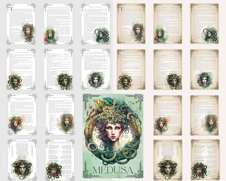 May include: A printable set of digital files featuring a watercolor illustration of Medusa, the Greek Gorgon, with snakes in her hair. The set includes information about Medusa, including her mythology, invocations, chants, and prayers. The text is in a vintage style font and the background is a parchment-like texture.