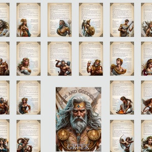 May include: A set of illustrated cards depicting Greek gods and goddesses. Each card features a portrait and text. The central card shows Zeus with the text "GODS AND GODDESSES" and "GREEK". The cards have a vintage parchment paper appearance with decorative borders.