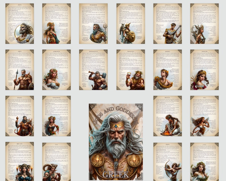 May include: A set of illustrated cards depicting Greek gods and goddesses. Each card features a portrait and text. The central card shows Zeus with the text "GODS AND GODDESSES" and "GREEK". The cards have a vintage parchment paper appearance with decorative borders.