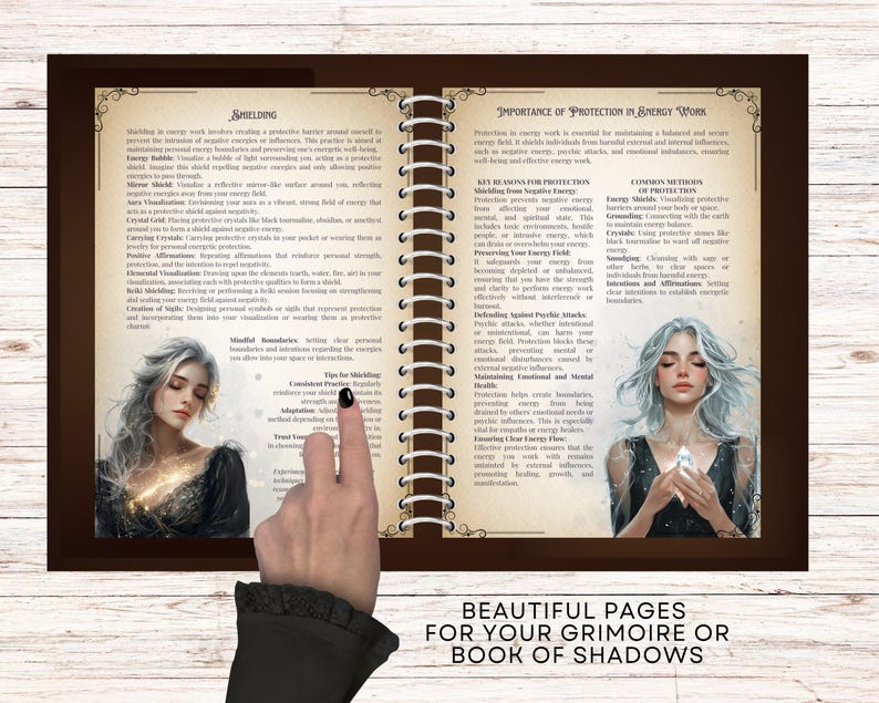 Puede incluir: Dos p&aacute;ginas de un libro con tapas de cuero marr&oacute;n y encuadernaci&oacute;n en espiral. La p&aacute;gina izquierda tiene un dibujo de una mujer con cabello blanco y un vestido oscuro. La p&aacute;gina derecha tiene texto sobre la importancia de la protecci&oacute;n en el trabajo energ&eacute;tico. El texto incluye encabezados para "Razones clave para la protecci&oacute;n", "M&eacute;todos comunes de protecci&oacute;n" y "Defensa contra ataques ps&iacute;quicos". El texto tambi&eacute;n incluye un dibujo de una mujer con cabello blanco y un vestido blanco.