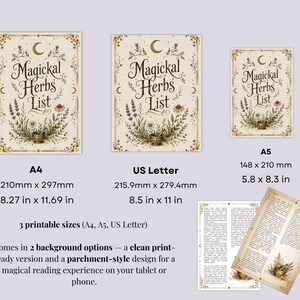 May include: Printable "Magickal Herbs List" in A4, US Letter, and A5 sizes. The design features botanical illustrations, a crescent moon, and the text "Magickal Herbs List". Includes two background options: a clean print-ready version and a parchment-style design.
