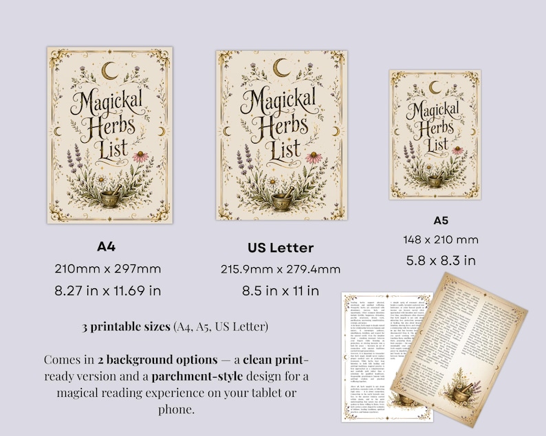 May include: Printable "Magickal Herbs List" in A4, US Letter, and A5 sizes. The design features botanical illustrations, a crescent moon, and the text "Magickal Herbs List". Includes two background options: a clean print-ready version and a parchment-style design.