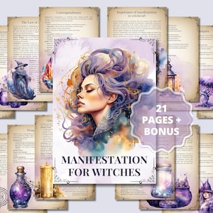 Könnte beinhalten: Ein digitaler druckbarer Leitfaden für Hexen zur Manifestation mit 21 Seiten und einer Bonusseite. Das Cover zeigt eine Aquarellillustration einer Frau mit lila Haaren vor einem sternenübersäten Hintergrund. Der Text "MANIFESTATION FÜR HEXEN" ist in einer dekorativen Schriftart geschrieben.