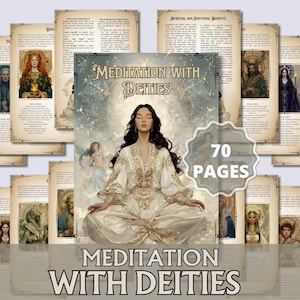 May include: A book titled "Meditation with Deities" featuring a woman meditating in a white and gold outfit. The image includes several pages with illustrations and text, and the cover has the text "70 Pages". The overall theme is spirituality.