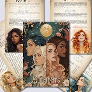 May include: A vintage-style illustration of the four elements: earth, water, fire, and air. Each element is represented by a woman with a different hair color and style. The image is surrounded by a border of flowers and stars. The text "Elements" is written in a large font at the bottom of the image.