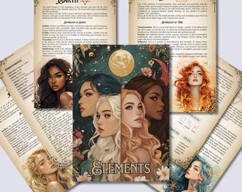 May include: A vintage-style illustration of the four elements: earth, water, fire, and air. Each element is represented by a woman with a different hair color and style. The image is surrounded by a border of flowers and stars. The text "Elements" is written in a large font at the bottom of the image.