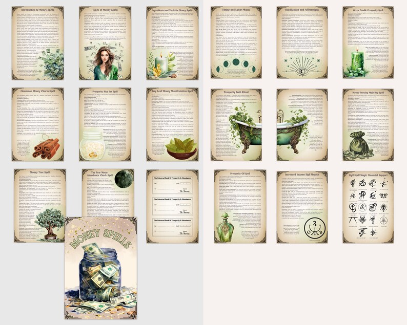 May include: A printable guide to money spells with illustrations of various herbs, candles, and other magical items. The guide includes spells for prosperity, abundance, and financial success. The title of the guide is "Money Spells".