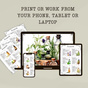 May include: A digital illustration of various essential oils in glass bottles with labels. The image shows a laptop, tablet, and phone screen displaying the same image, suggesting that the image can be printed or viewed on multiple devices. The text "Essential Oils" is visible on the labels.