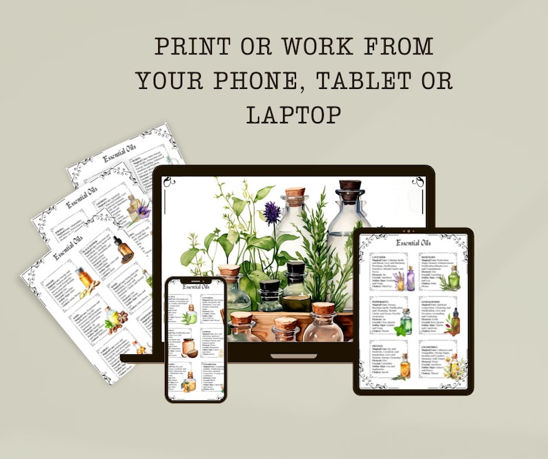 May include: A digital illustration of various essential oils in glass bottles with labels. The image shows a laptop, tablet, and phone screen displaying the same image, suggesting that the image can be printed or viewed on multiple devices. The text "Essential Oils" is visible on the labels.