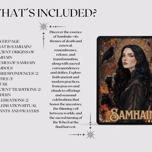 May include: A digital tablet displays a portrait of a woman with long black hair, two crows, and the word "SAMHAIN." The tablet is surrounded by text, including "WHAT'S INCLUDED?" and a description of Samhain's themes and practices.