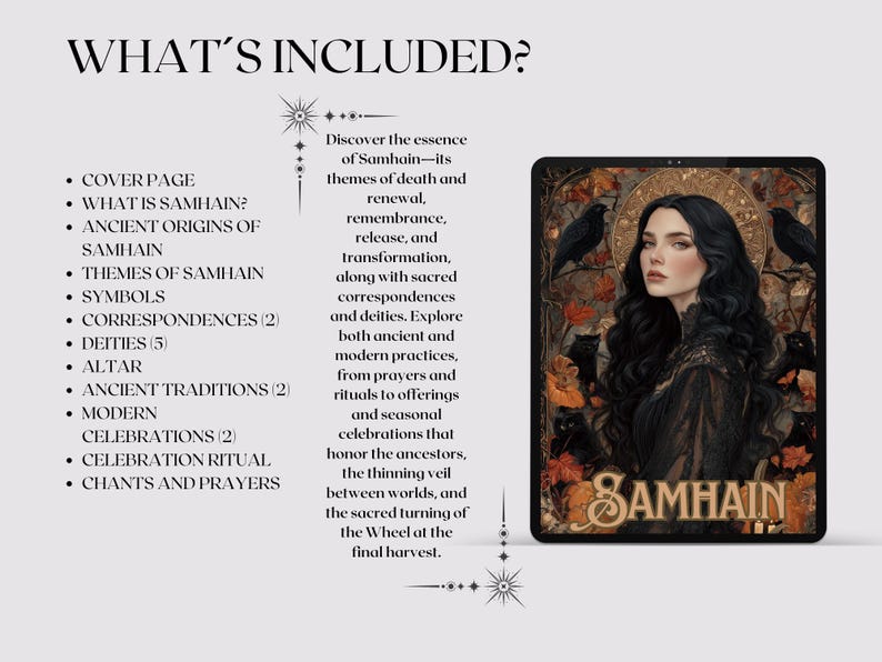 May include: A digital tablet displays a portrait of a woman with long black hair, two crows, and the word "SAMHAIN." The tablet is surrounded by text, including "WHAT'S INCLUDED?" and a description of Samhain's themes and practices.