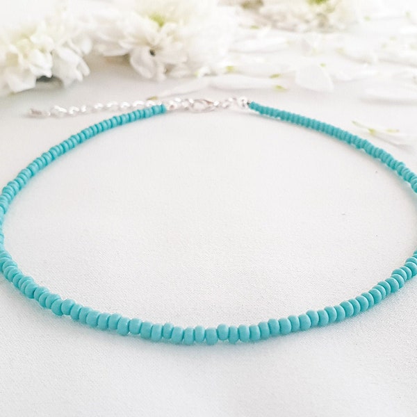 TURQUOISE Seed Bead Choker • Turquoise Beach Choker • Summer Beaded Necklace • Minimalist Turquoise Bead Necklace