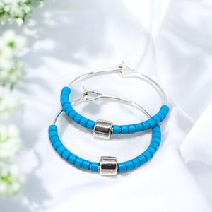 TURQUOISE Seed Bead on Silver Plated Hoop Earrings, Handmade Boho Seed Bead Earrings, Minimalist Seed Bead Hoops, Lightweight Beaded Hoops