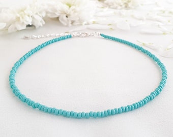 TURQUOISE Seed Bead Choker • Turquoise Beach Choker • Summer Beaded Necklace • Minimalist Turquoise Bead Necklace